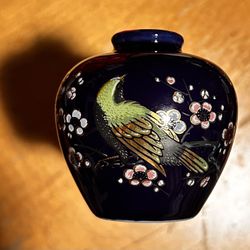 2.5” Mini Japanese Vase Cobalt Blue Gold Rim Bird Flowers