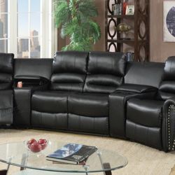Brand New Black Leather Reclining Sectional Sofa