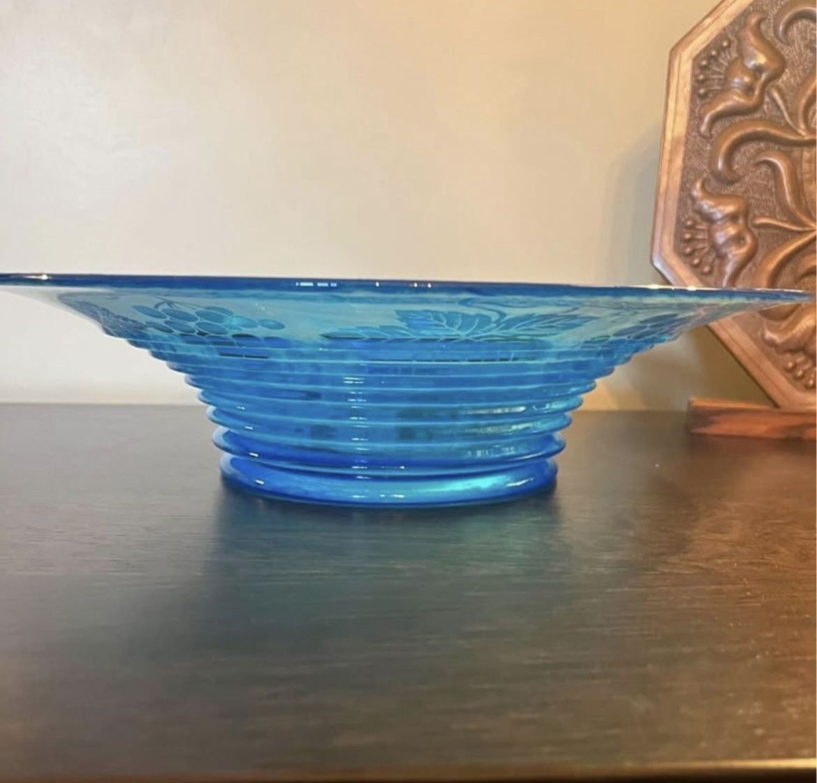 FOSTORIA Grape Brocade Blue #2362 Vintage Flared Floral Bowl
