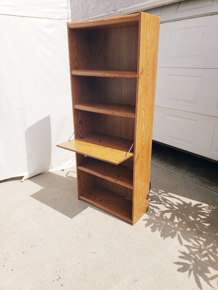 Bookshelf With Adjustable Shelves And Drop Down Cabinet Door