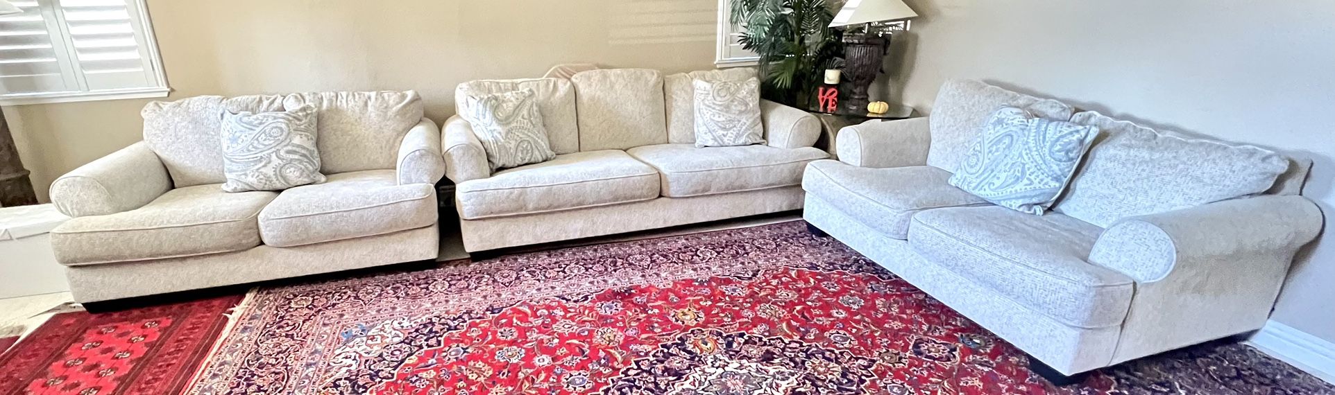 3 Couches Total - 2 Love Seat And 1 Sofa - Beige Color Fabric Couch