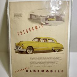 1948 Print Ad Yellow Oldsmobile Futuramic Sedan Car With White Sidewall Tires 