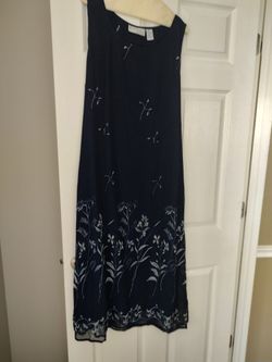 Ladies long Dress Navy Floral - Beaded In Front -Large