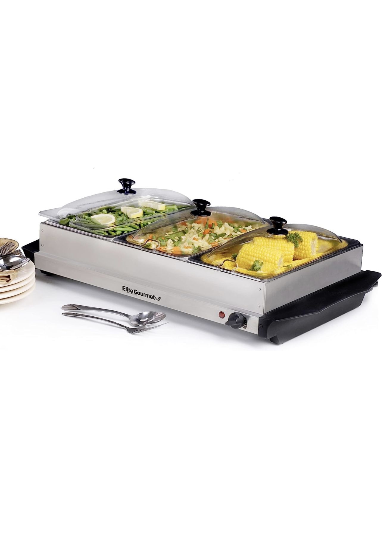 Elite Gourmet EWM-6171# Triple 3 x 2.5 Qt. Trays, Buffet Server, Food Warmer Temperature Control, Clear Slotted Lids, Perfect for Parties, Entertainin