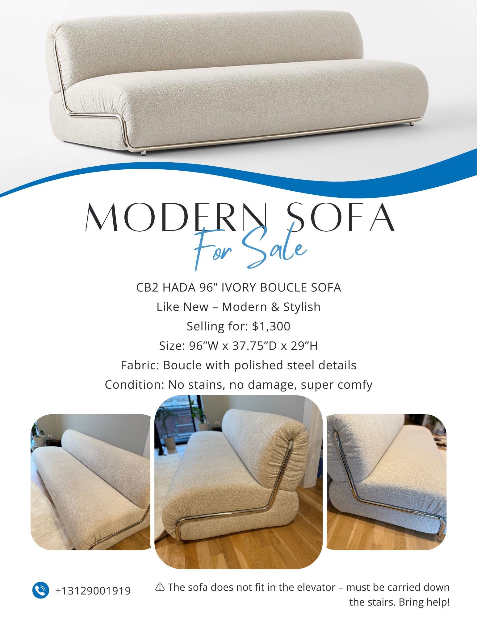 CB2 HADA 96" IVORY BOUCLE SOFA