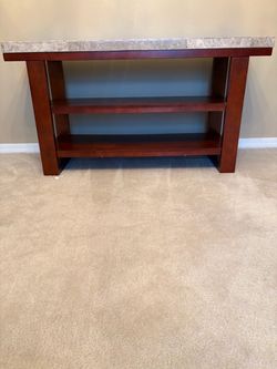 Wood and Stone Top Console Table with Shelves