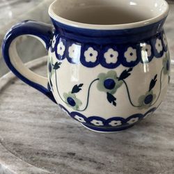 Boleslawiec Hand Made Polish Pottery Blue Floral Bubble Mug 