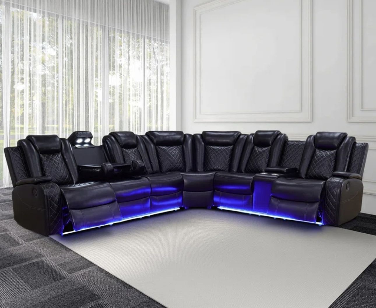 Power Electric Black Leather Fully Reclining Sectional Couch