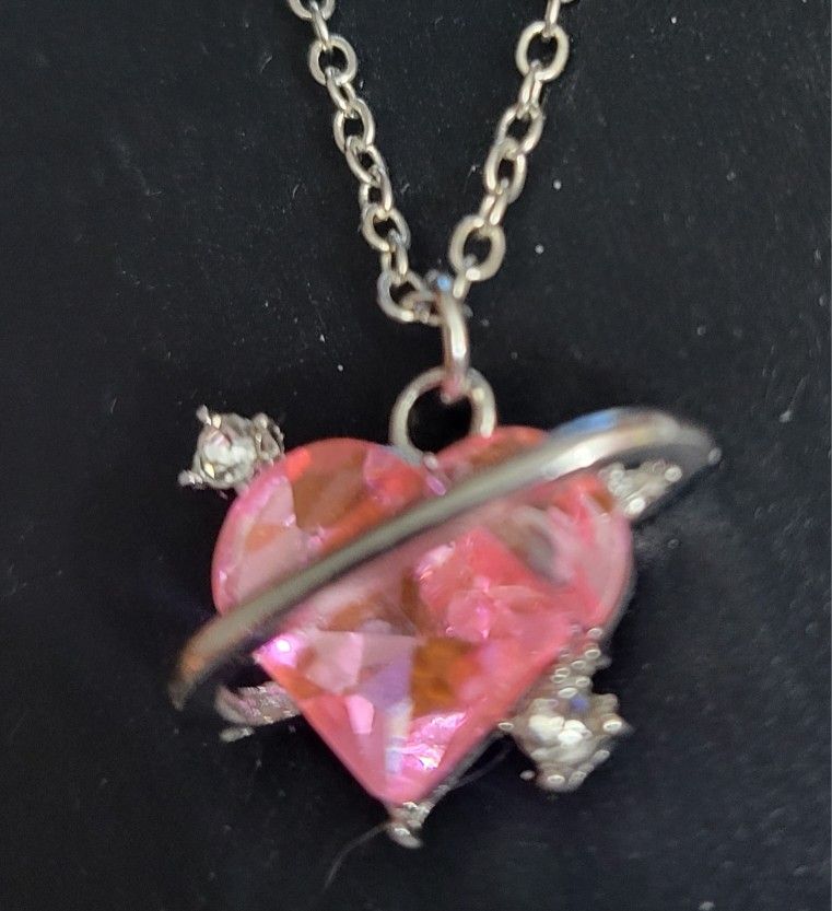 Pink Heart Rhinestone Charm Necklace Chain 15" Pendant 6",Silvery Shiny