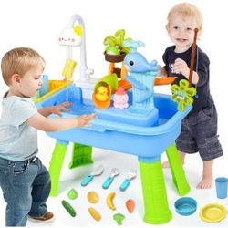 Sand Water Table Toy, Electric Water Pump Kids Faucet/Play Food Fishing, Blue