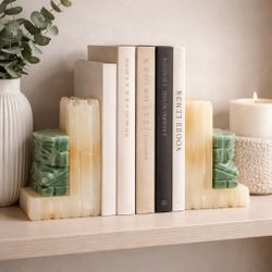 ✨ Vintage Onyx Art Deco Bookends – Carved Stone Faces (Heavy & Unique)