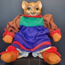 Hand Painted Wood & Cloth Folk Art Cat Doll  Posable Legs 13" Tall