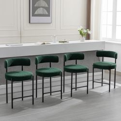Counter Height Bar Stools, 24'' Green Bar Stools Set of 4, Boucle Barstools with Back, Mid-Century Modern Bar Chairs for Kitchen Island, Dining Room