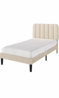 TWIN WOOD BED FRAME WOTH CREAM VELVET COLOR HEADBOARD AND WOOD SLATS