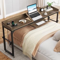 Tribesigns Height Adjustable Overbed Table with Wheels, Queen Size Over Bed Desk with Adjustable Tilt Stand, Mobile Laptop Cart Computer Desk with Out