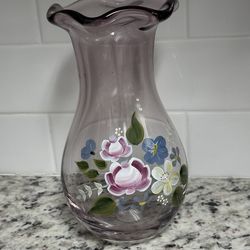 Fenton For Teleflora Amethyst Purple Violet Art Glass Vase Hand Painted Tole Flowers Floral Design Hand Blown Flared Ruffled Scalloped Rim