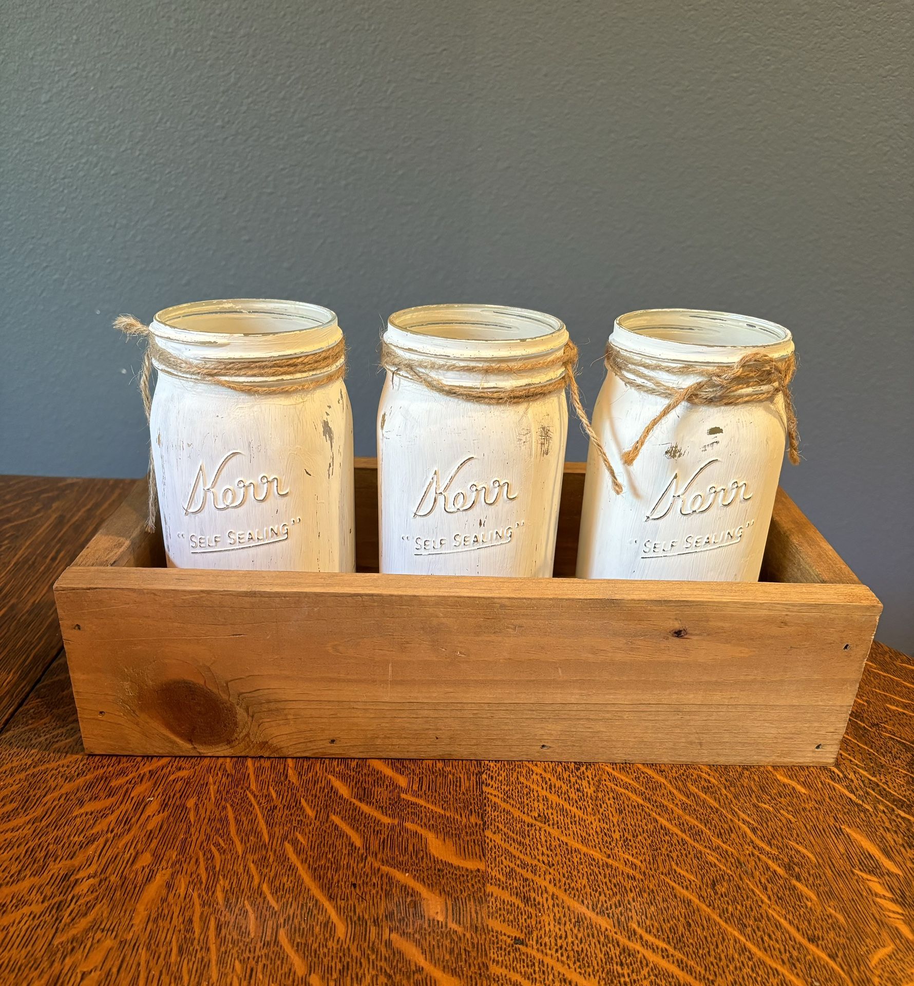 3 Glass Mason Jars with Wooden Box Centerpiece