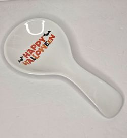 Happy Halloween Melamine Spoon Rest White Orange Black Bats Kitchen Decor