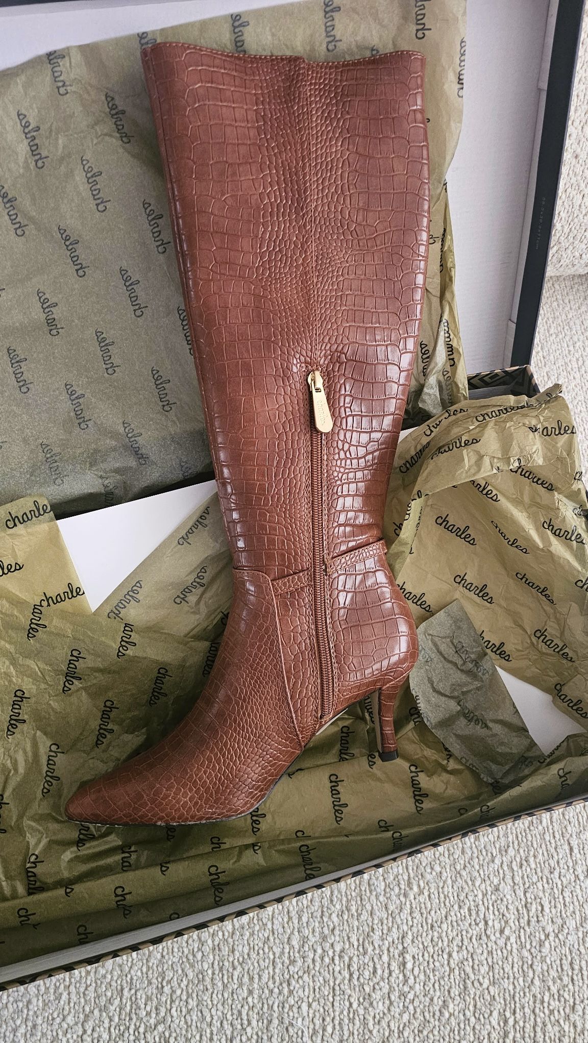 Brand New! Charles David “Arlie” Croc Embossed Faux Leather Knee Boots, Color: Camel – Size 7