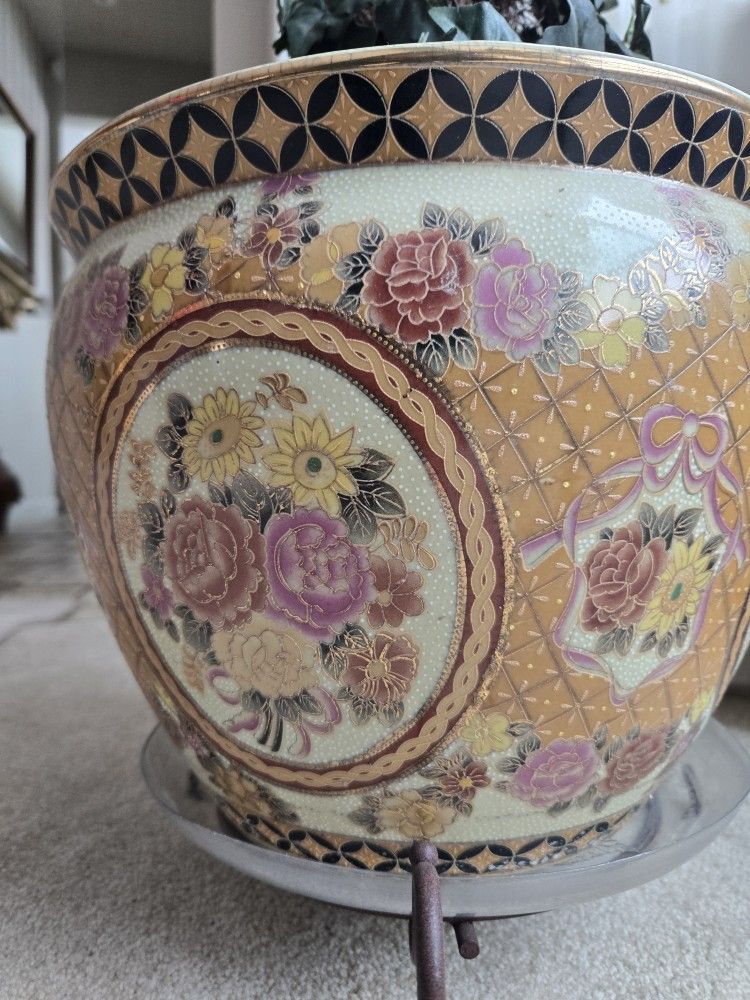 Antique Asian-Style Jardinière Floor Planter w/ Metal Stand – Large 12” Hand-Painted Pot