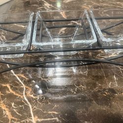 Three glass Servings dishes with metal stand.