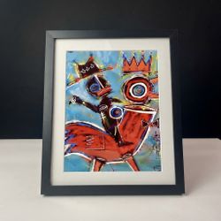 Framed Abstract Art Print – Basquiat-Style Figure Riding Red Bird
