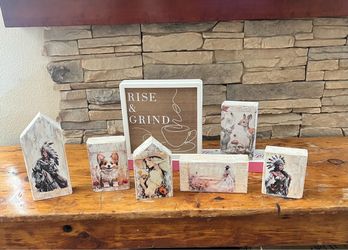 Christmas, Native American girl, cowboy girl, dog reindeer, coffee sign each $8