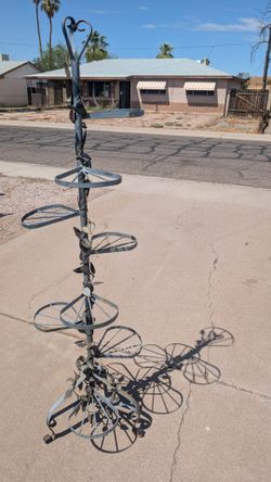 Wrought Iron Tiered Plant Stand Tall 69" Spiral Leaves Metal Outdoor Decor