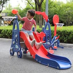Slide Climber Red & Blue Swing Set, 4 in 1 Freestanding Toddler Slide Climber Playset with Basketball Hoop, Toddler Playground Indoor Outdoor, NEW 