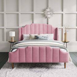 Upholstered Queen Size Bed Frame with Modern Curved Velvet Wingback Headboard, Heavy Duty Wood Platform Bed with Strong Wood Slat Support, 