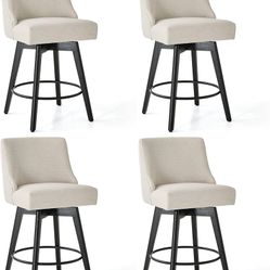 T-Counter Height Bar Stools Set of 4, Swivel Barstools with Backs and Wood Legs, Linen Fabric Upholstered Counter Stools for Kitchend Island, Mid-Cent