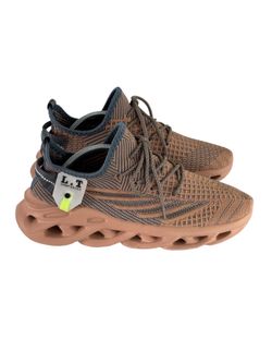 L .T Damp Shoes Beige Blue Geometric Knit Low Top Lace Up Men's Athletic Sneakers