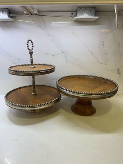 Set of 2 Wooden Serving Trays with Silver Beaded Trim
