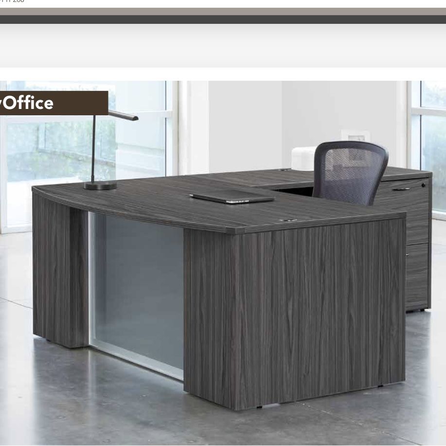 Brown L Shaped Desk With Glass Modesty And Pedestal
