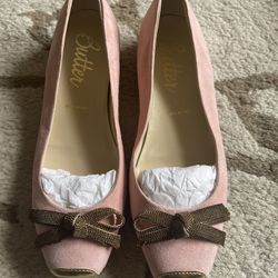 Butter Shoes gold square toe dusty rose suede womens ballet flats   Sz 5.5