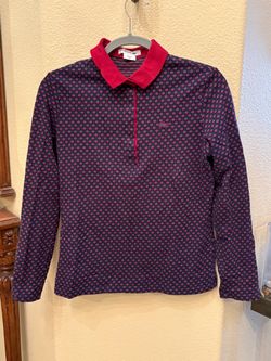 Lacoste Women Red Navy Pattern Long Sleeve Polo Top Size 40 (L)-Made in Peru