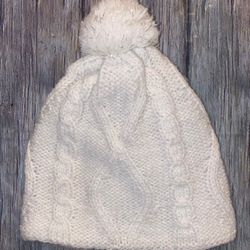 Little Kids Size 4-7 Cream & Silver Pom Pom Beanie Knit Hat