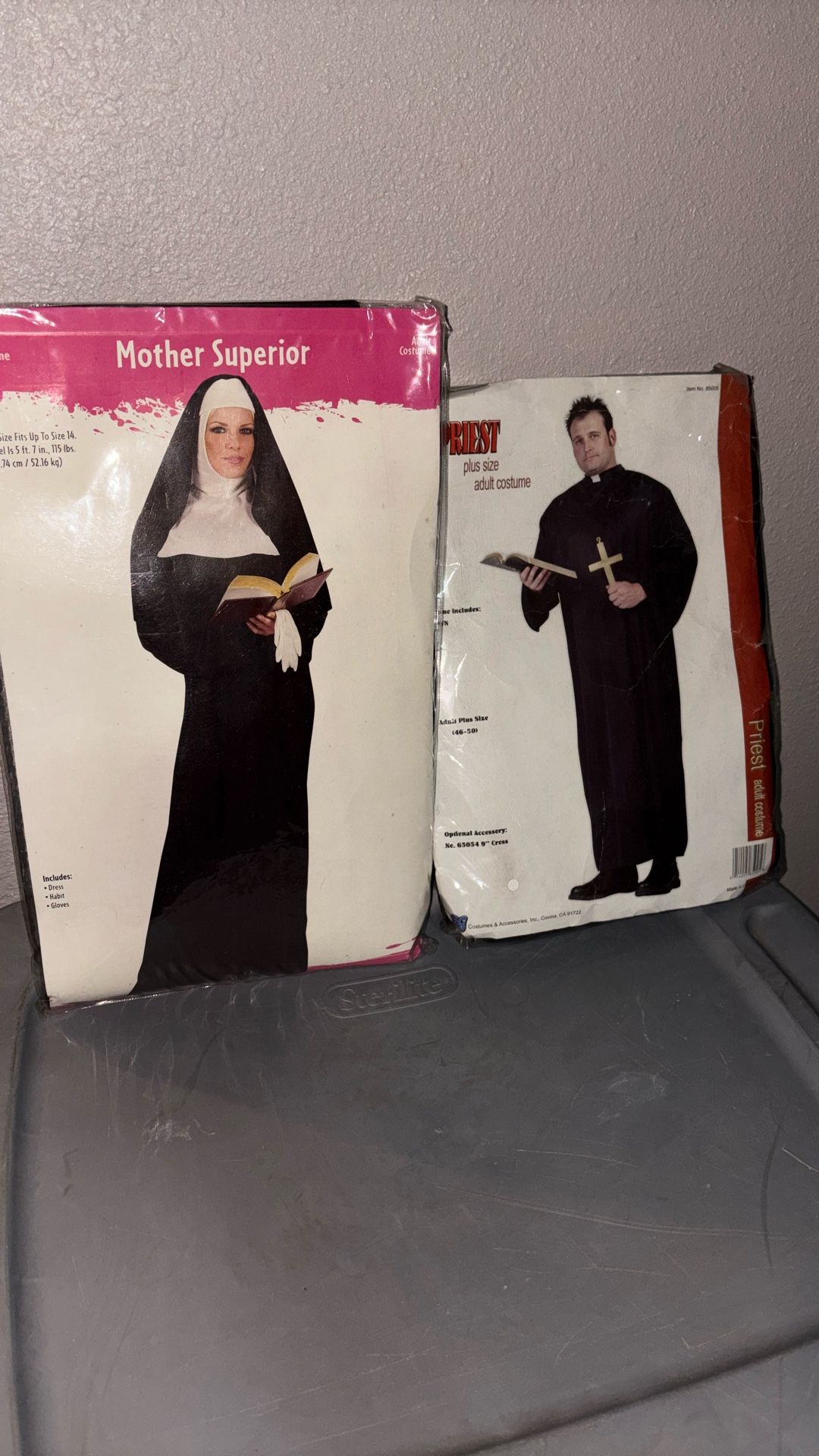 Mother Superior Nun, Women’s Halloween Costume. &. Priest plus size men’s Halloween costume. $25 Each
