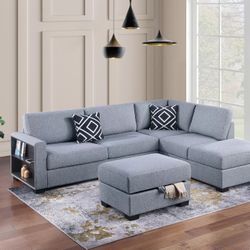Brand New Comfy Sectional W/ Built-In Shelf + Storage Ottoman