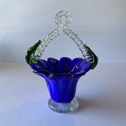 Vintage Cobalt Blue Glass Basket With Leaves 8”