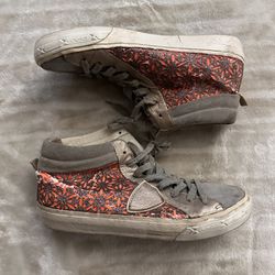 PHILIPPE MODEL PARIS Coral Shimmer Silver Leather Printed Hi Top Sneakers Sz 38