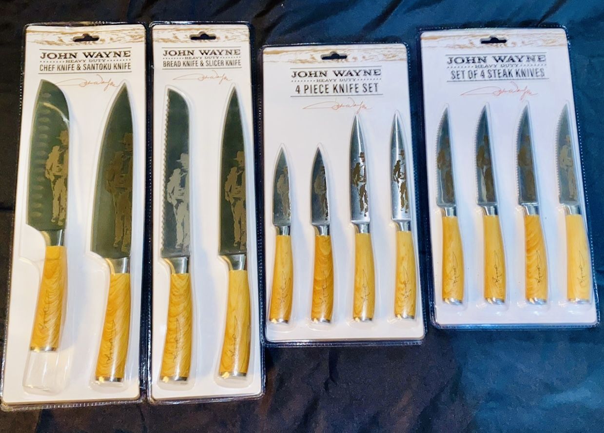 John Wayne Collectables- Japanese Steel-Complete Kitchen Knife Set. Japanese Steel with engraved Blades. Unopened.