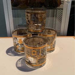 Vintage MCM 22k Gold Lowball Glasses Old World Map by Cera- Set of 4