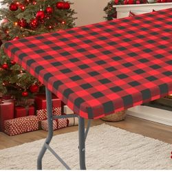 Smiry Rectangle Picnic Table Cloth, Elastic Waterproof Fitted Vinyl Tablecloths, Flannel Backed Buffalo Plaid Table Covers for Dining, Camping, Outdoo