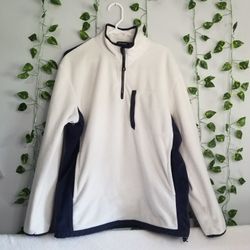 Nautica Men's Large Quarter Zip Ivory Blue Sweater Fleece Pullover Pockets