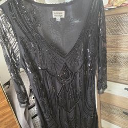 1920s Black Beaded & Sequin  Fringe Cocktail Dress