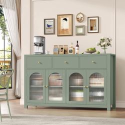 55''Wide Buffet Credenzas, Large Dining Sideboard with 3 Drawers, 4 Glass Doors, Wood Coffee Bar Cabinet, Green