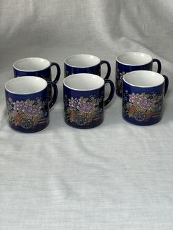Set of 6 Vintage Japanese Cobalt Heritage Mint 24k Gold Trim Imari Mugs