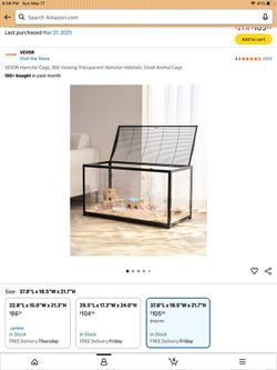 VEVOR Hamster Cage, 360° Viewing Transparent Hamster Habitats, Small Animal Cage, 37.8 x 18.5 x 21.7 in, Ventilated Pet Mouse Cages with Front Door, P