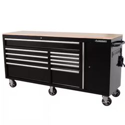 Husky Standard Duty 72 in. W x 20 in. D 10-Drawer Black Mobile Workbench Cabinet with Solid Wood Top